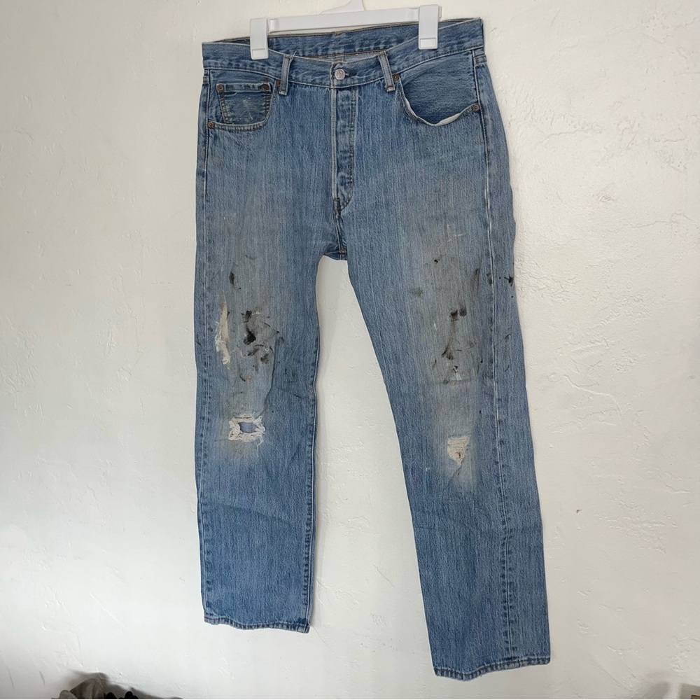 Levi’s 501 Original Destroyed Distressed Paint Ripped Straight Leg Denim Jeans